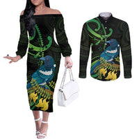 New Zealand Tui Bird Couples Matching Off The Shoulder Long Sleeve Dress and Long Sleeve Button Shirt Aotearoa Maori With Kowhai Flowers