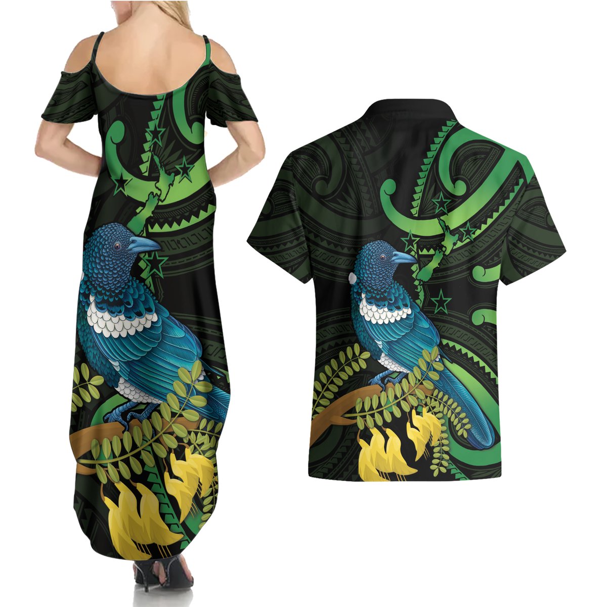 New Zealand Tui Bird Couples Matching Summer Maxi Dress and Hawaiian Shirt Aotearoa Maori With Kowhai Flowers