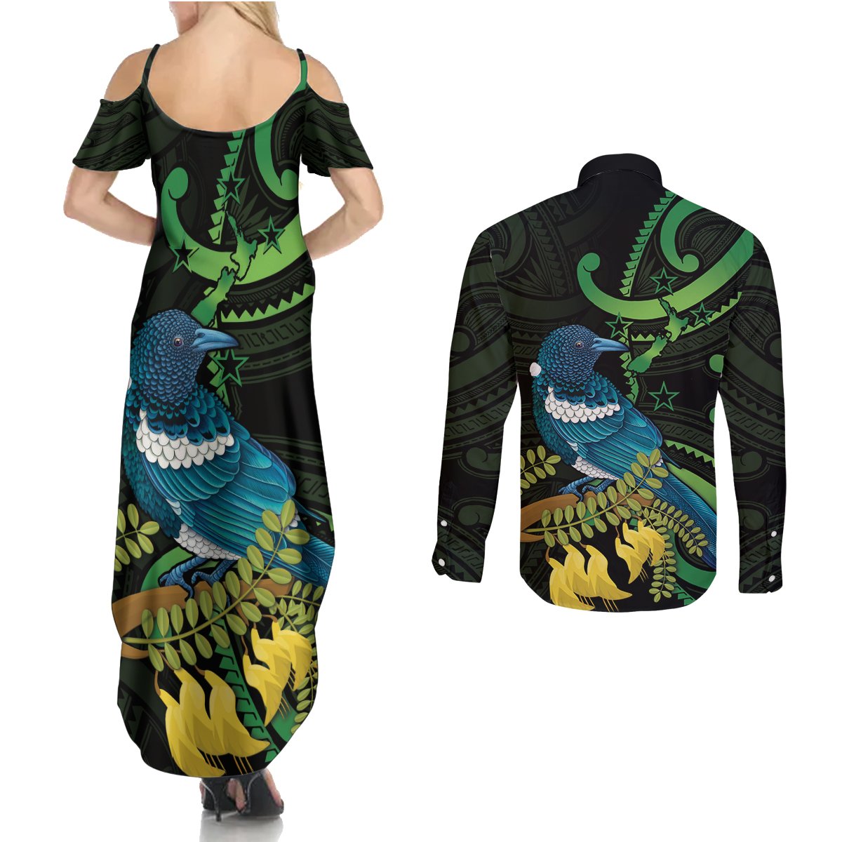 New Zealand Tui Bird Couples Matching Summer Maxi Dress and Long Sleeve Button Shirt Aotearoa Maori With Kowhai Flowers