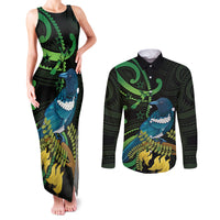 New Zealand Tui Bird Couples Matching Tank Maxi Dress and Long Sleeve Button Shirt Aotearoa Maori With Kowhai Flowers