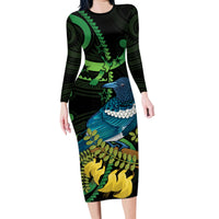 New Zealand Tui Bird Family Matching Long Sleeve Bodycon Dress and Hawaiian Shirt Aotearoa Maori With Kowhai Flowers