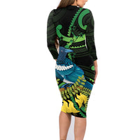 New Zealand Tui Bird Family Matching Long Sleeve Bodycon Dress and Hawaiian Shirt Aotearoa Maori With Kowhai Flowers
