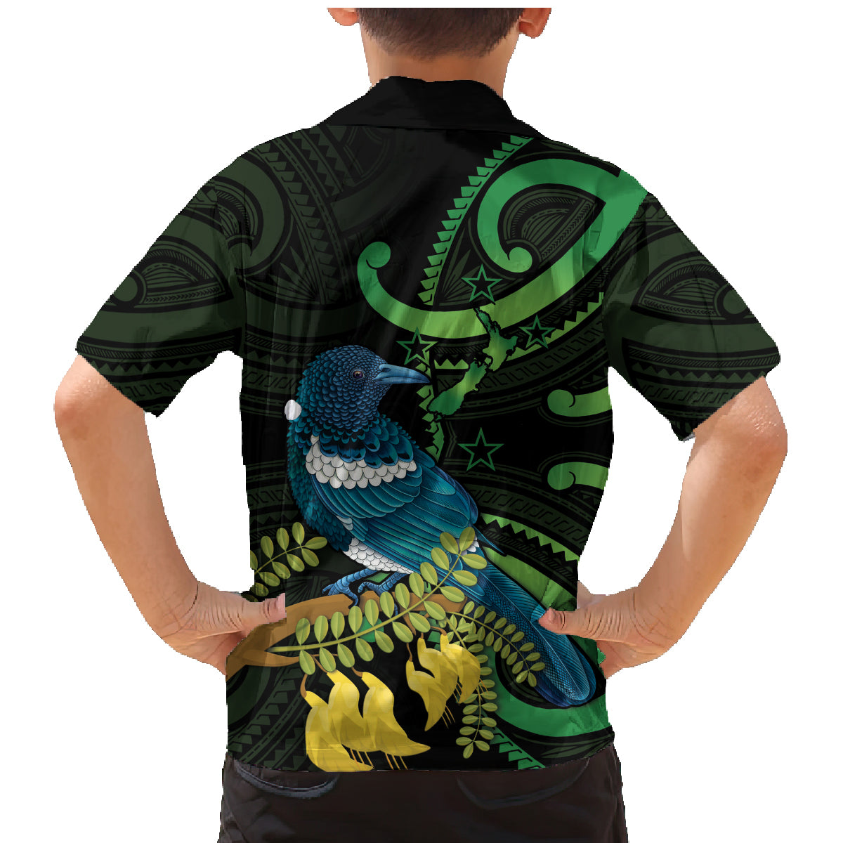 New Zealand Tui Bird Family Matching Mermaid Dress and Hawaiian Shirt Aotearoa Maori With Kowhai Flowers