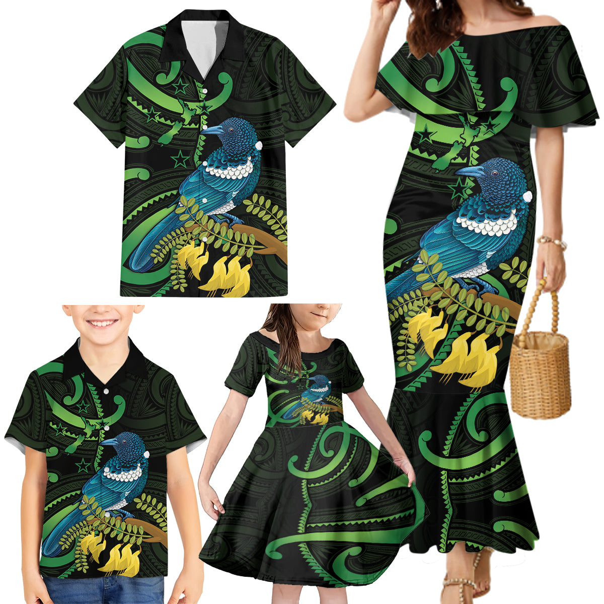 New Zealand Tui Bird Family Matching Mermaid Dress and Hawaiian Shirt Aotearoa Maori With Kowhai Flowers