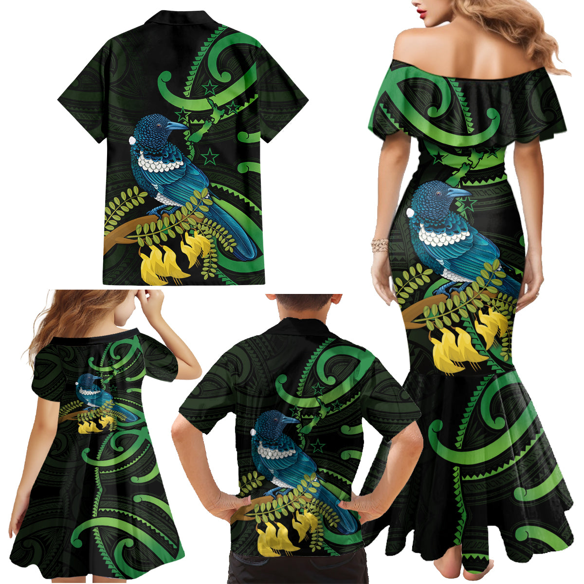 New Zealand Tui Bird Family Matching Mermaid Dress and Hawaiian Shirt Aotearoa Maori With Kowhai Flowers