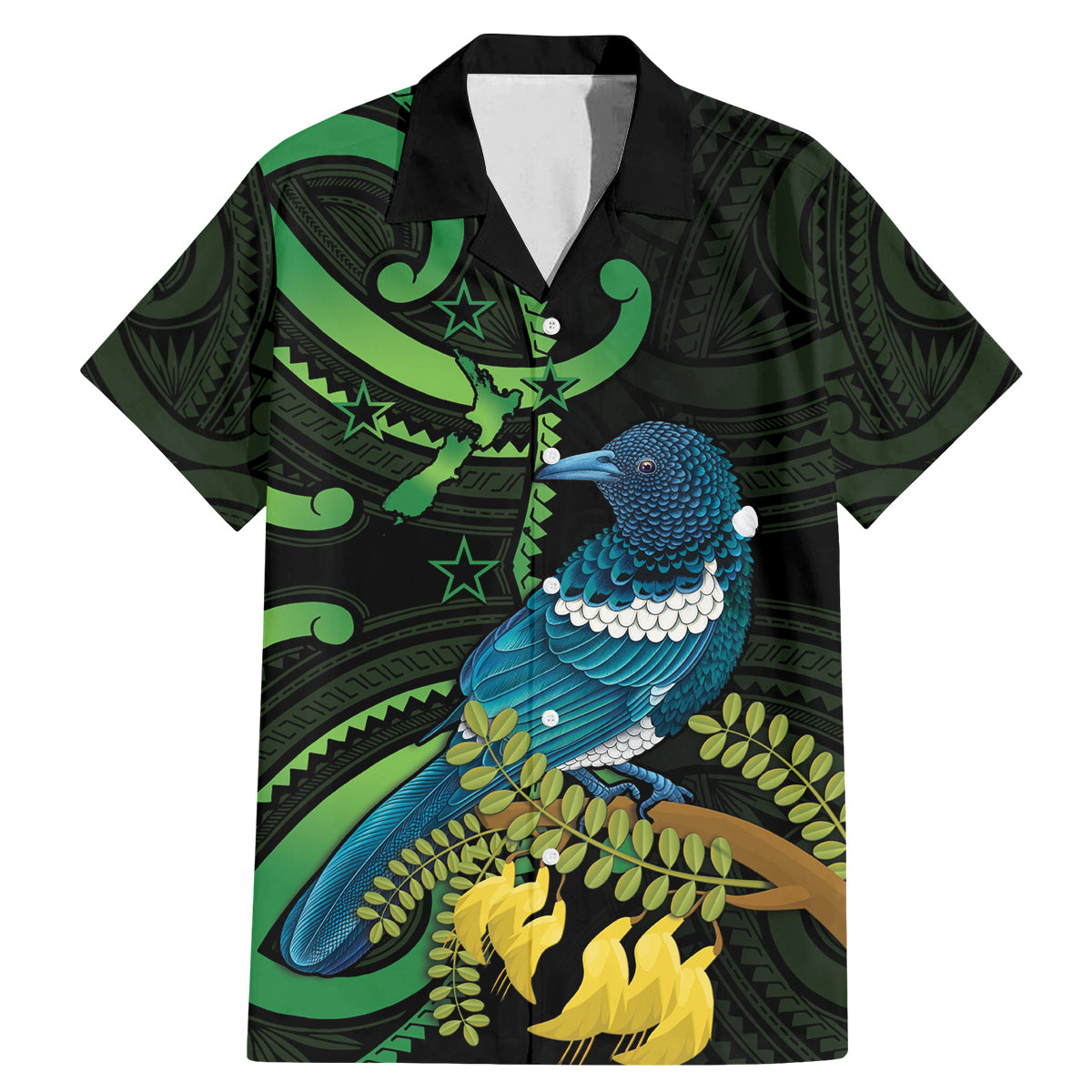 New Zealand Tui Bird Family Matching Mermaid Dress and Hawaiian Shirt Aotearoa Maori With Kowhai Flowers