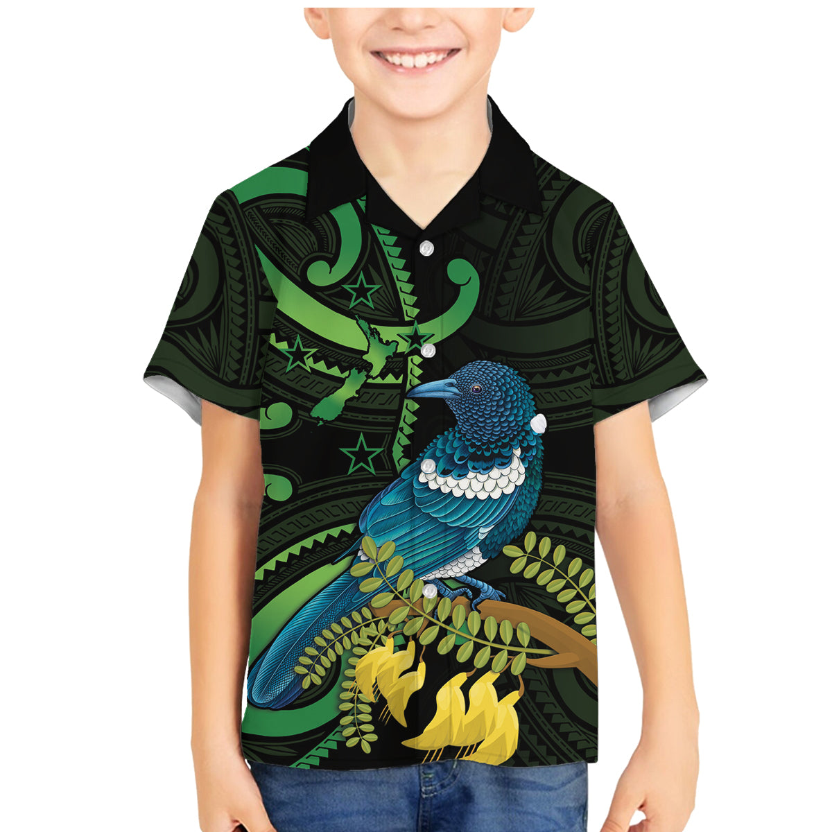 New Zealand Tui Bird Family Matching Mermaid Dress and Hawaiian Shirt Aotearoa Maori With Kowhai Flowers
