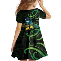 New Zealand Tui Bird Family Matching Off The Shoulder Long Sleeve Dress and Hawaiian Shirt Aotearoa Maori With Kowhai Flowers