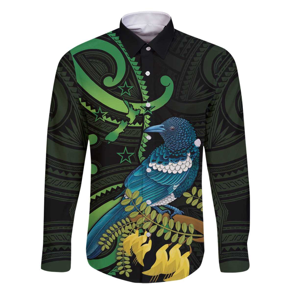 New Zealand Tui Bird Family Matching Off Shoulder Short Dress and Hawaiian Shirt Aotearoa Maori With Kowhai Flowers