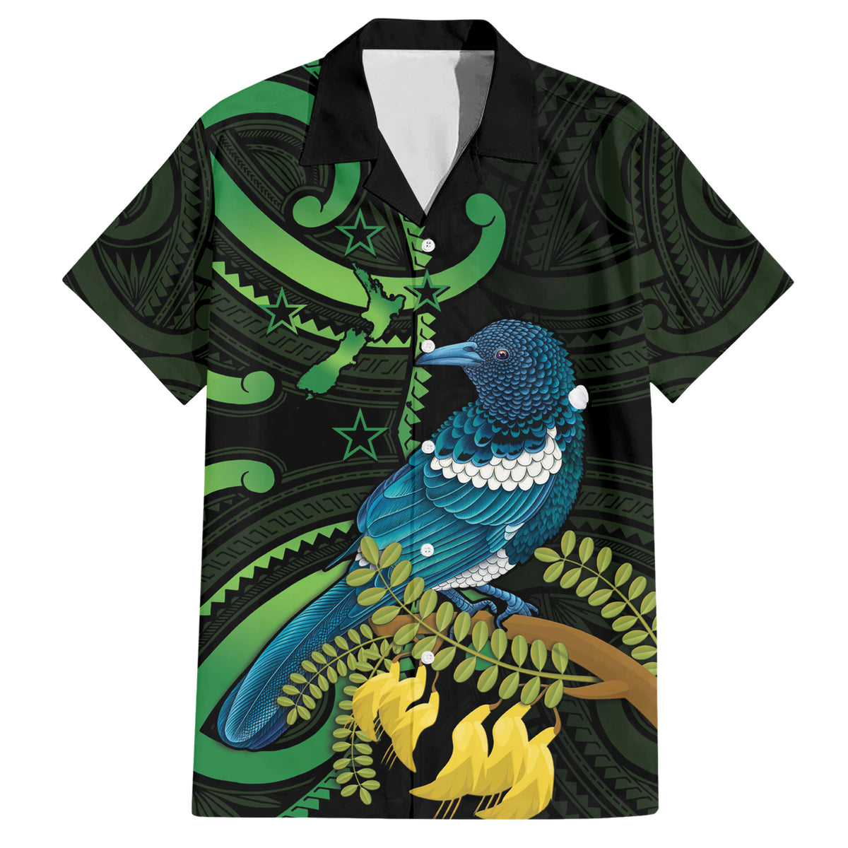 New Zealand Tui Bird Family Matching Short Sleeve Bodycon Dress and Hawaiian Shirt Aotearoa Maori With Kowhai Flowers