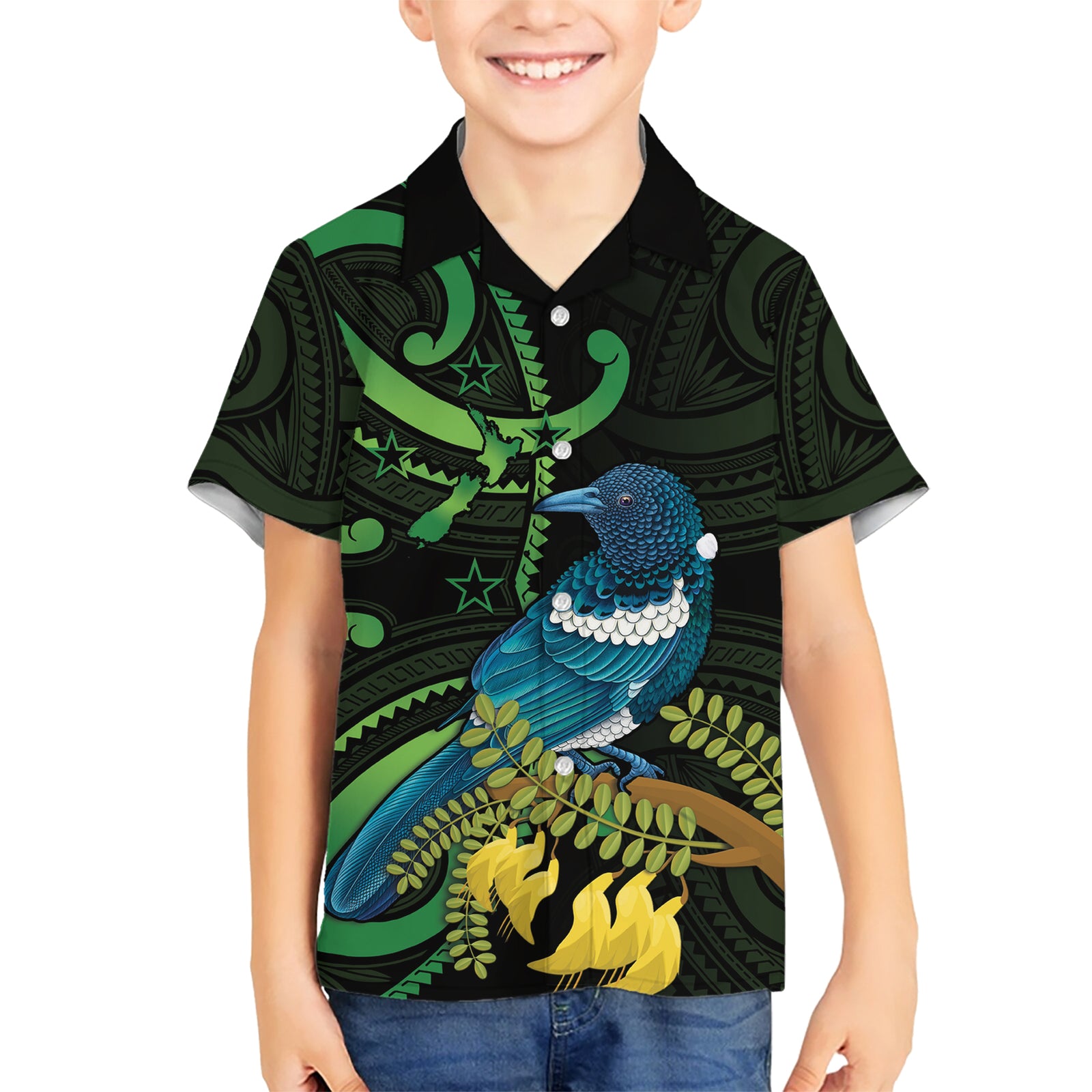 New Zealand Tui Bird Kid Hawaiian Shirt Aotearoa Maori With Kowhai Flowers LT14 Kid Black - Polynesian Pride