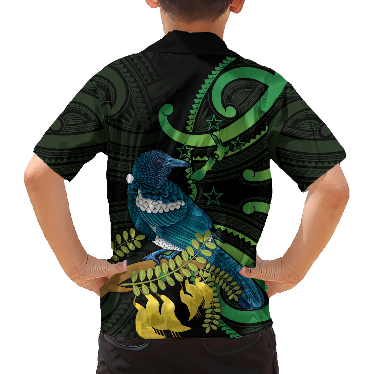 New Zealand Tui Bird Kid Hawaiian Shirt Aotearoa Maori With Kowhai Flowers