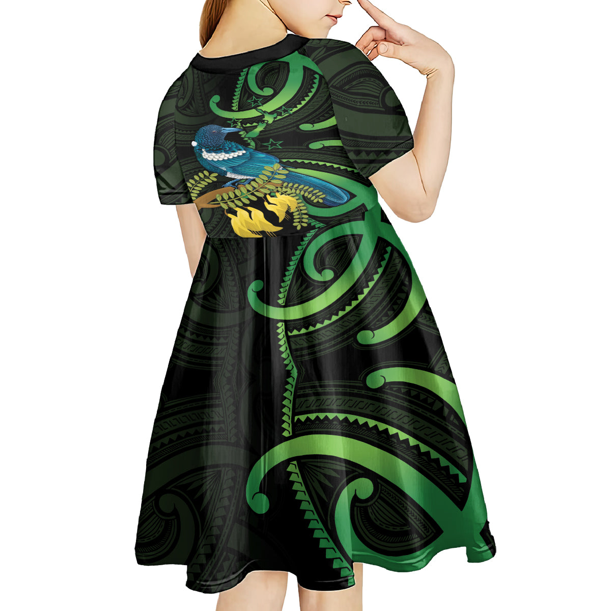 New Zealand Tui Bird Kid Short Sleeve Dress Aotearoa Maori With Kowhai Flowers