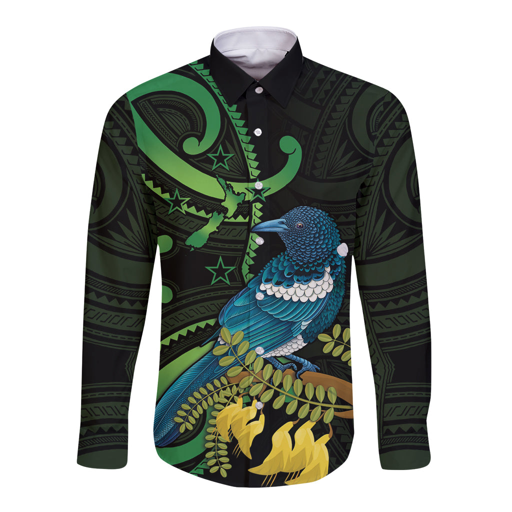 New Zealand Tui Bird Long Sleeve Button Shirt Aotearoa Maori With Kowhai Flowers