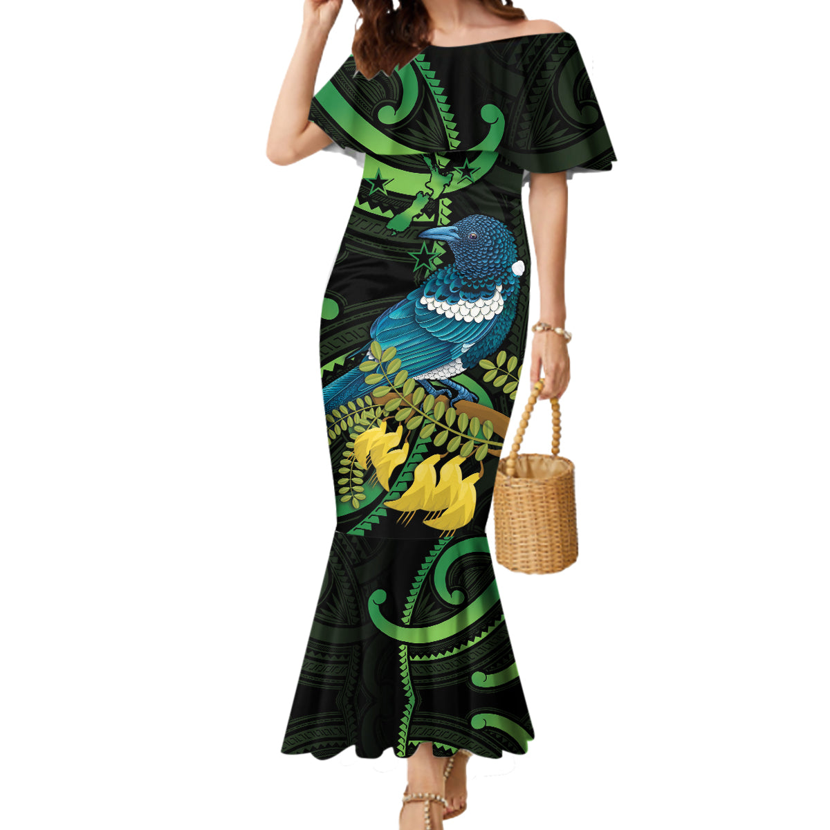 New Zealand Tui Bird Mermaid Dress Aotearoa Maori With Kowhai Flowers