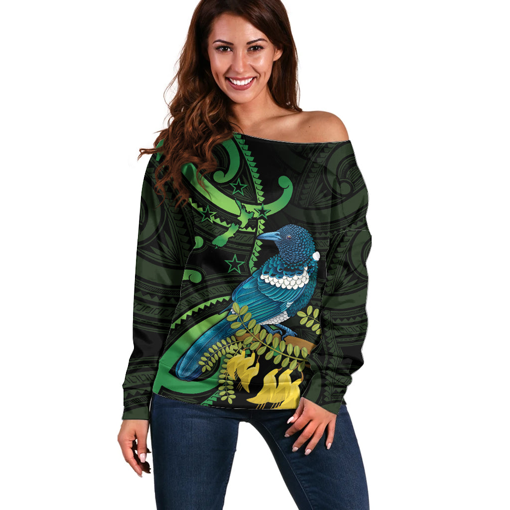 New Zealand Tui Bird Off Shoulder Sweater Aotearoa Maori With Kowhai Flowers