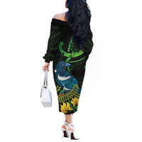 New Zealand Tui Bird Off The Shoulder Long Sleeve Dress Aotearoa Maori With Kowhai Flowers