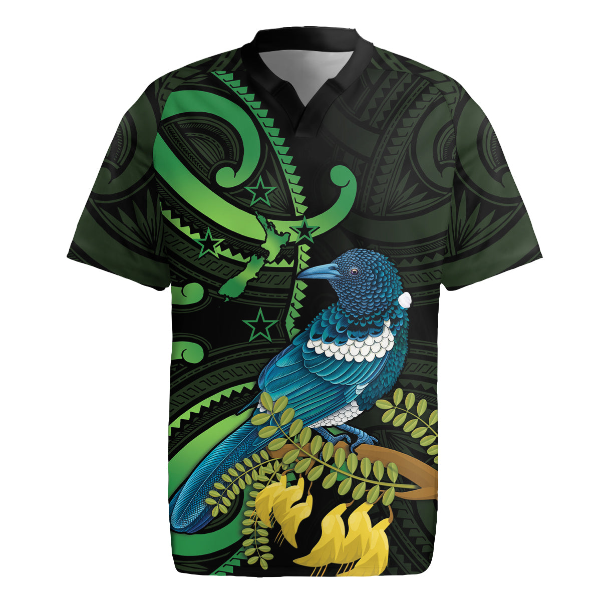 New Zealand Tui Bird Rugby Jersey Aotearoa Maori With Kowhai Flowers LT14 Black - Polynesian Pride