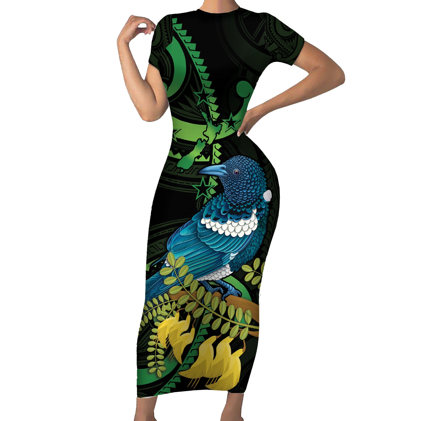 New Zealand Tui Bird Short Sleeve Bodycon Dress Aotearoa Maori With Kowhai Flowers