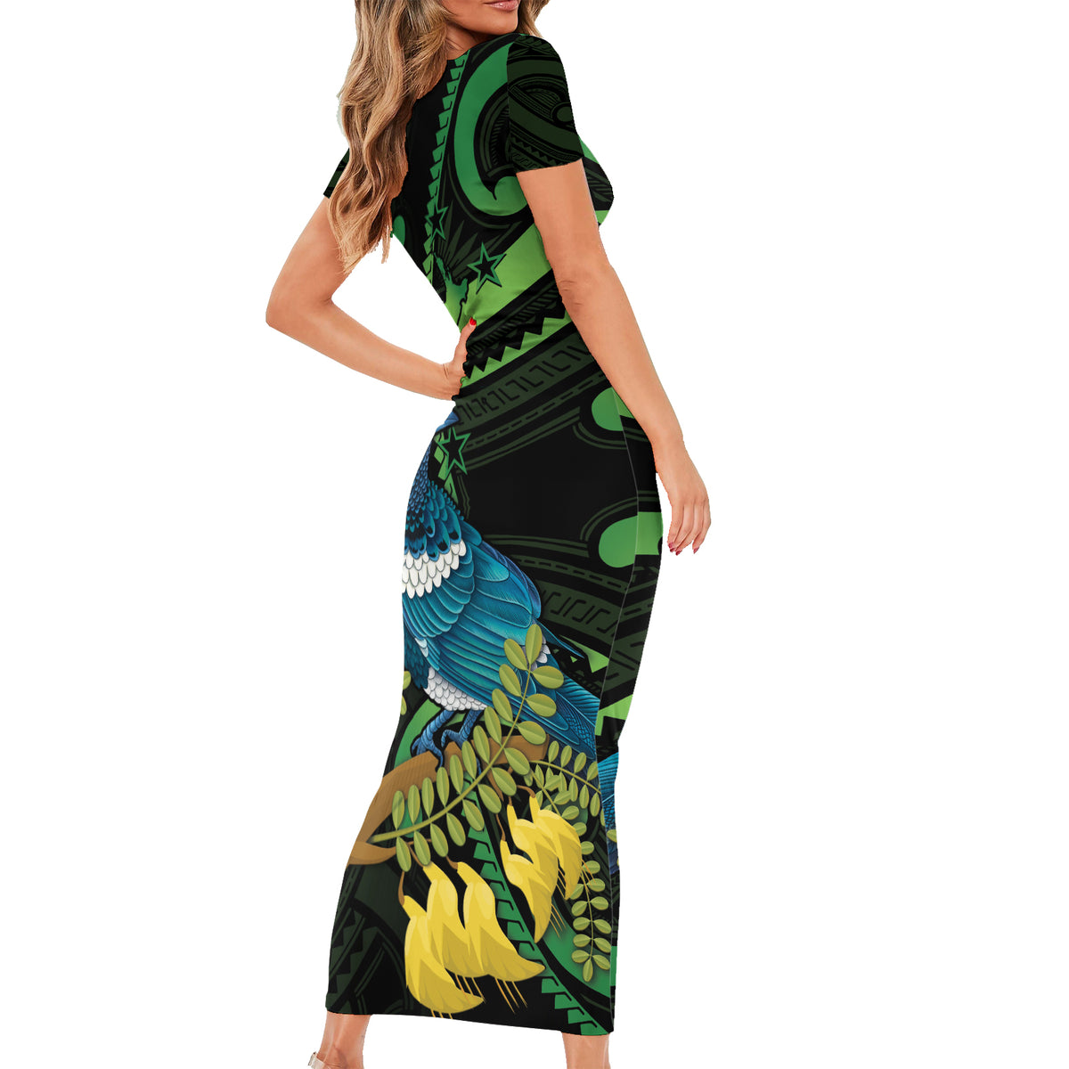 New Zealand Tui Bird Short Sleeve Bodycon Dress Aotearoa Maori With Kowhai Flowers