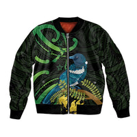 New Zealand Tui Bird Sleeve Zip Bomber Jacket Aotearoa Maori With Kowhai Flowers