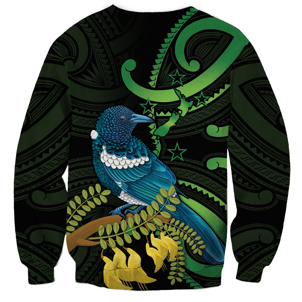 New Zealand Tui Bird Sweatshirt Aotearoa Maori With Kowhai Flowers