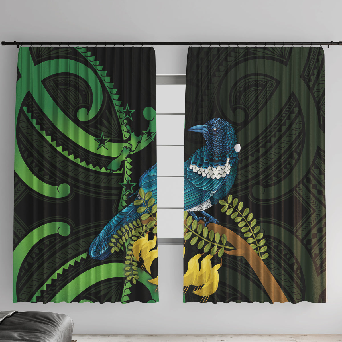 New Zealand Tui Bird Window Curtain Aotearoa Maori With Kowhai Flowers LT14 With Hooks Black - Polynesian Pride