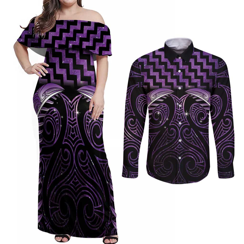 Purple Matariki New Zealand Couples Matching Off Shoulder Maxi Dress and Long Sleeve Button Shirt Maori Poutama Galaxy Vibes