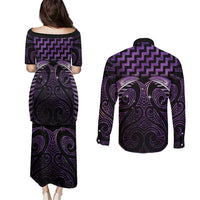 Purple Matariki New Zealand Couples Matching Puletasi and Long Sleeve Button Shirt Maori Poutama Galaxy Vibes