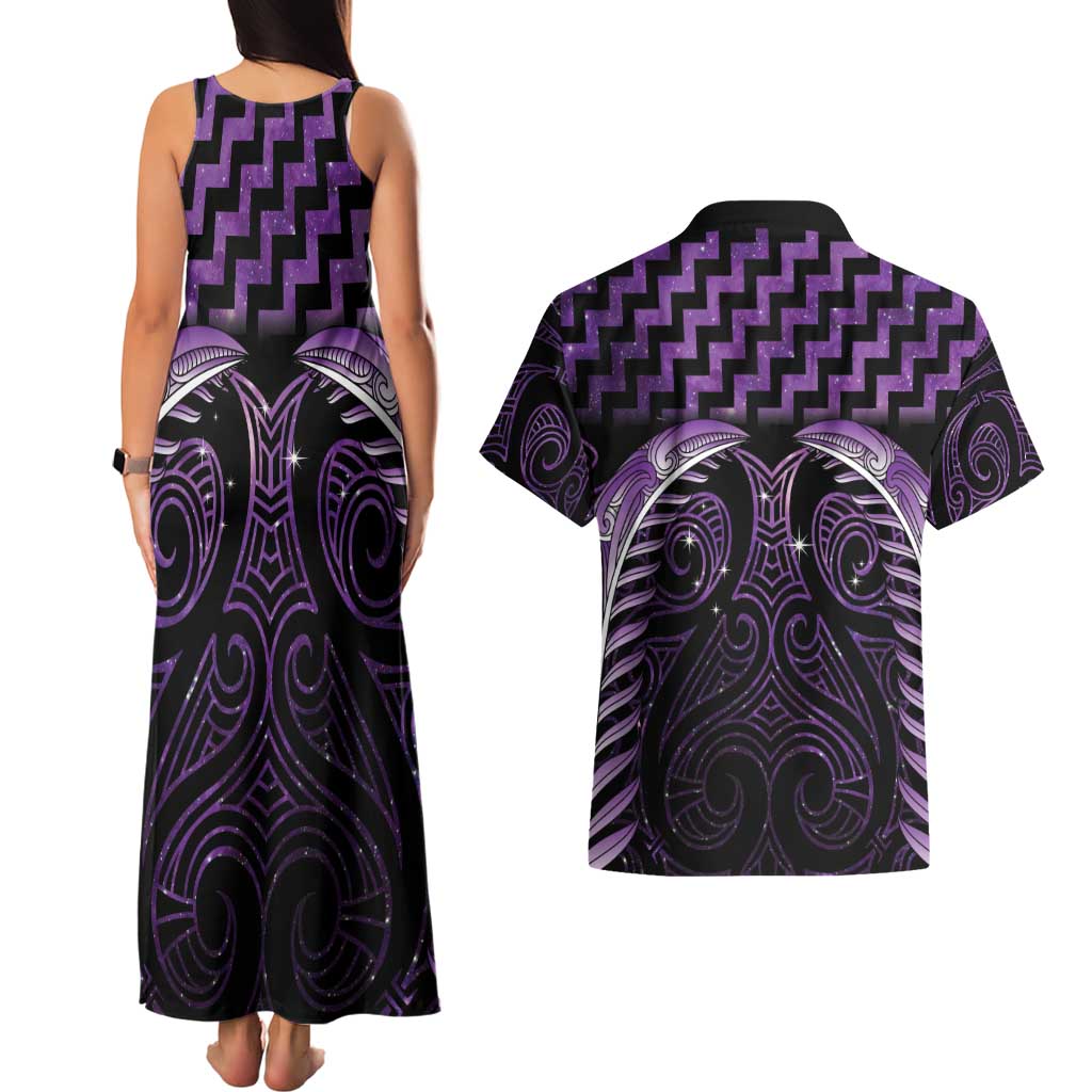 Purple Matariki New Zealand Couples Matching Tank Maxi Dress and Hawaiian Shirt Maori Poutama Galaxy Vibes