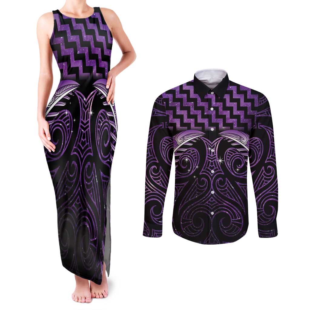 Purple Matariki New Zealand Couples Matching Tank Maxi Dress and Long Sleeve Button Shirt Maori Poutama Galaxy Vibes