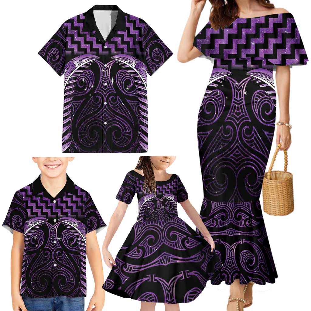 Purple Matariki New Zealand Family Matching Mermaid Dress and Hawaiian Shirt Maori Poutama Galaxy Vibes