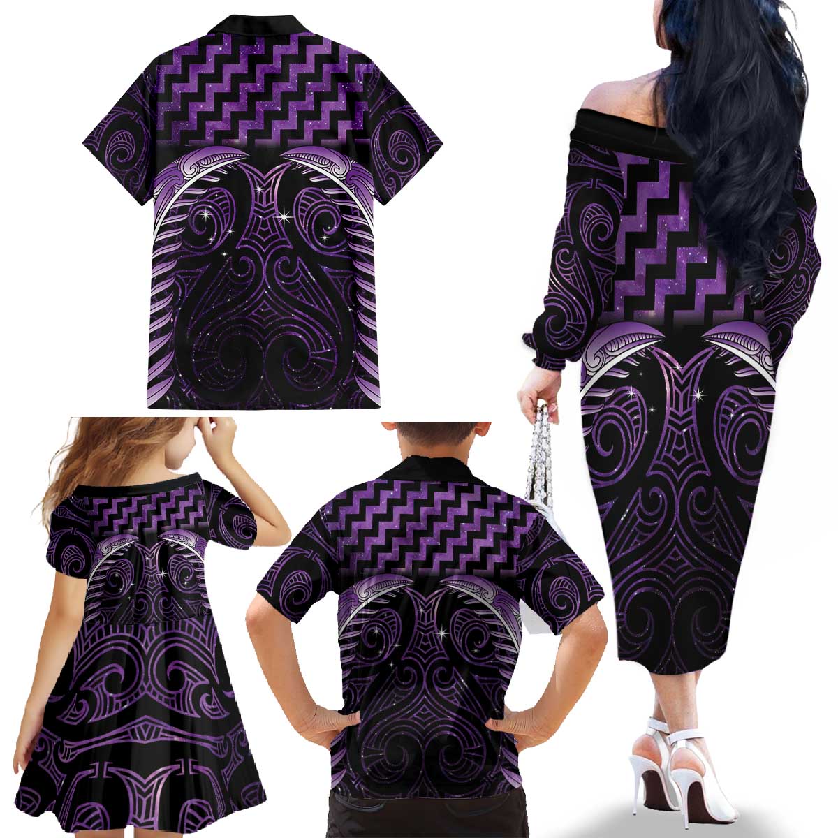 Purple Matariki New Zealand Family Matching Off The Shoulder Long Sleeve Dress and Hawaiian Shirt Maori Poutama Galaxy Vibes
