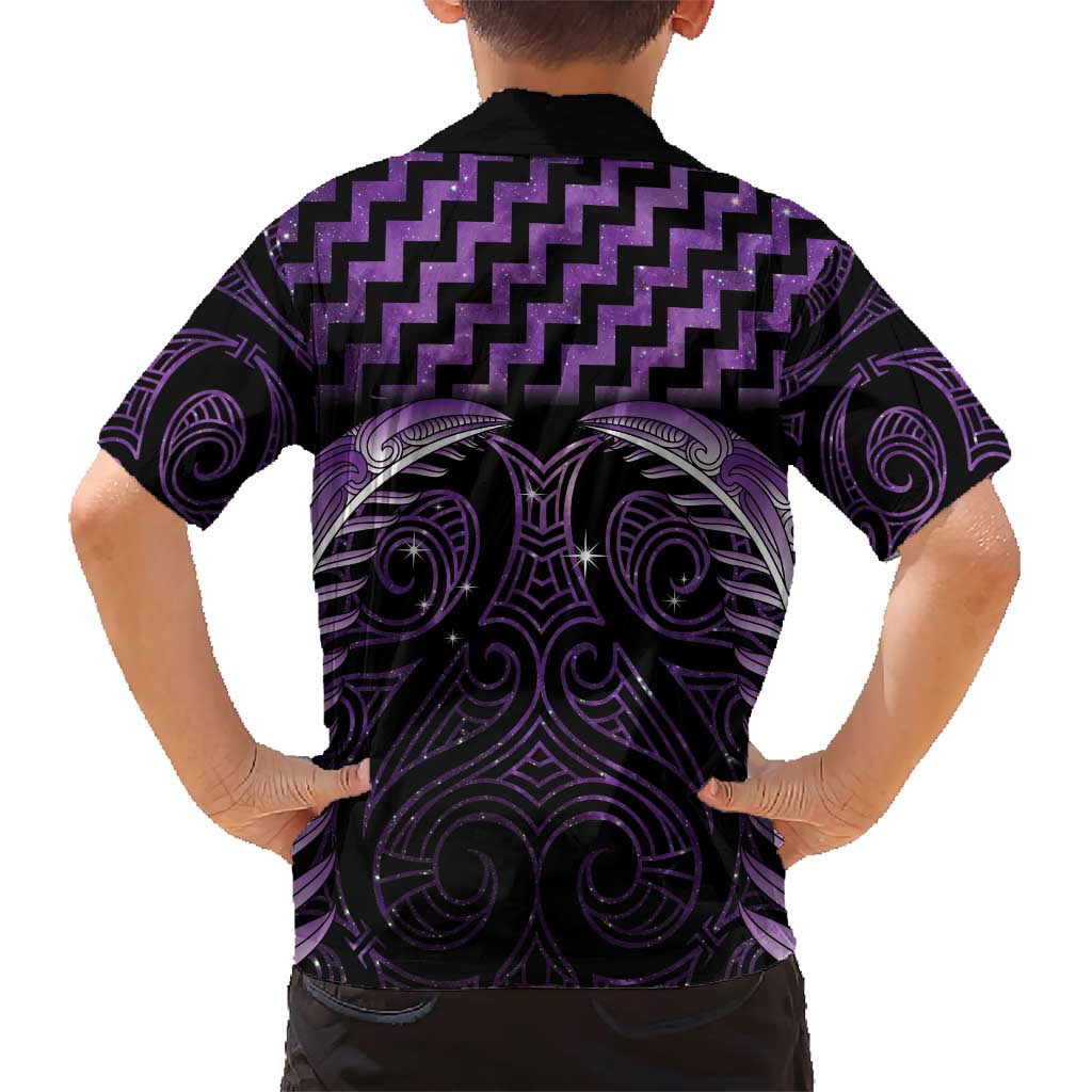 Purple Matariki New Zealand Family Matching Short Sleeve Bodycon Dress and Hawaiian Shirt Maori Poutama Galaxy Vibes