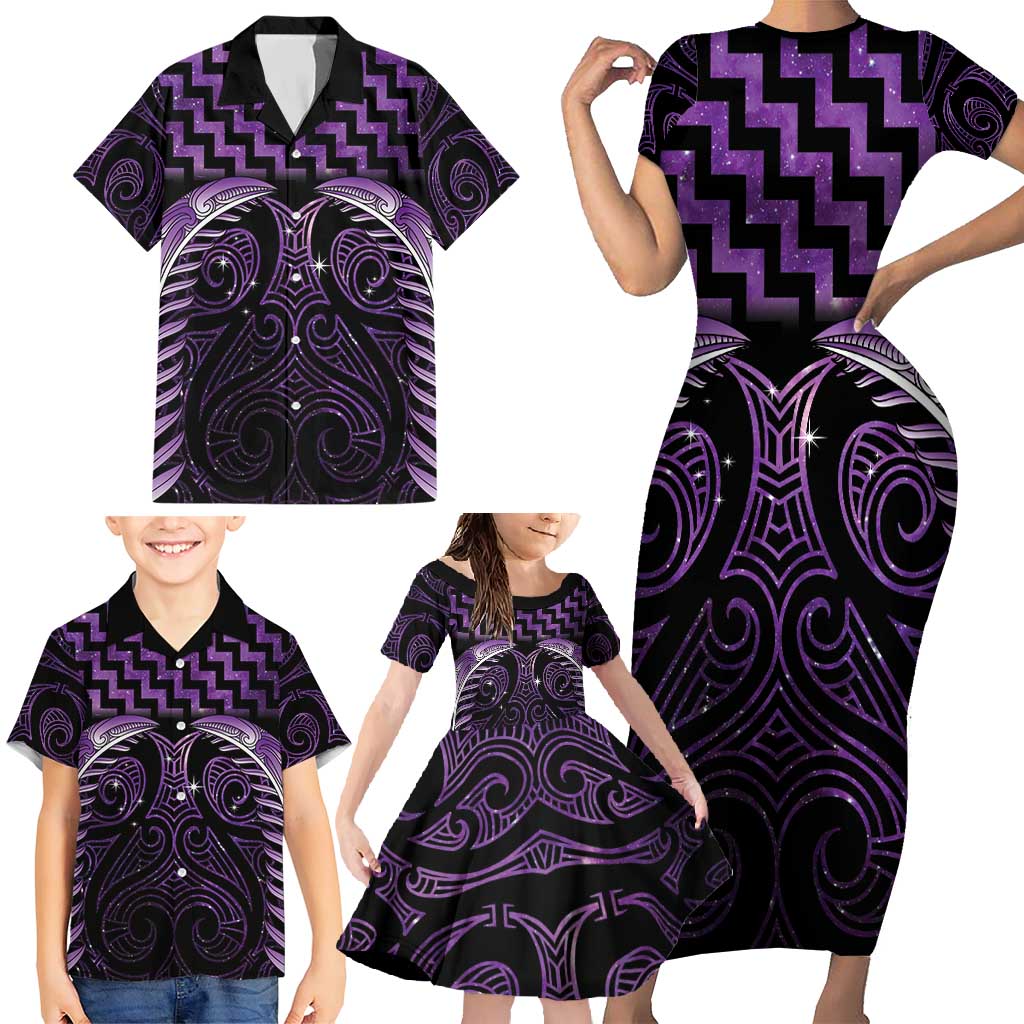 Purple Matariki New Zealand Family Matching Short Sleeve Bodycon Dress and Hawaiian Shirt Maori Poutama Galaxy Vibes