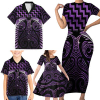 Purple Matariki New Zealand Family Matching Short Sleeve Bodycon Dress and Hawaiian Shirt Maori Poutama Galaxy Vibes