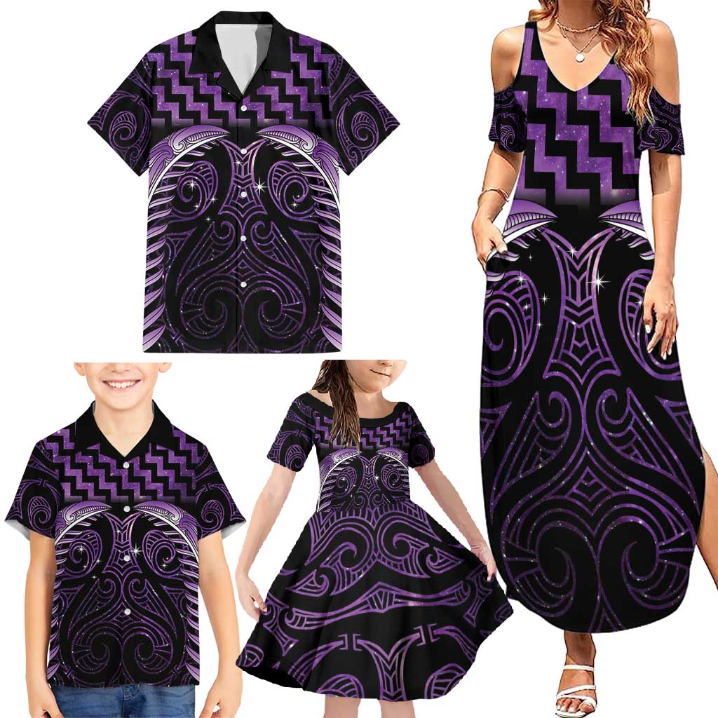Purple Matariki New Zealand Family Matching Summer Maxi Dress and Hawaiian Shirt Maori Poutama Galaxy Vibes