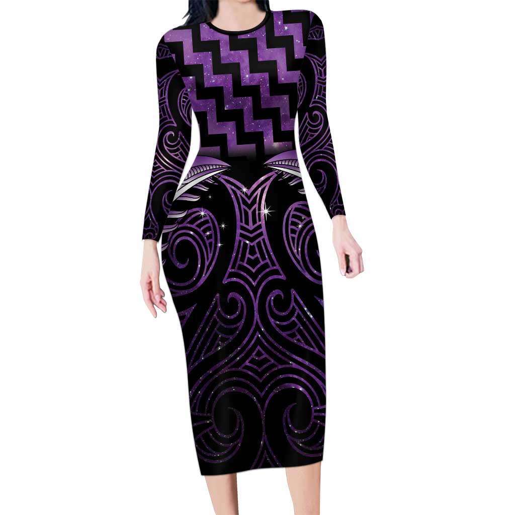 Purple Matariki New Zealand Long Sleeve Bodycon Dress Maori Poutama Galaxy Vibes