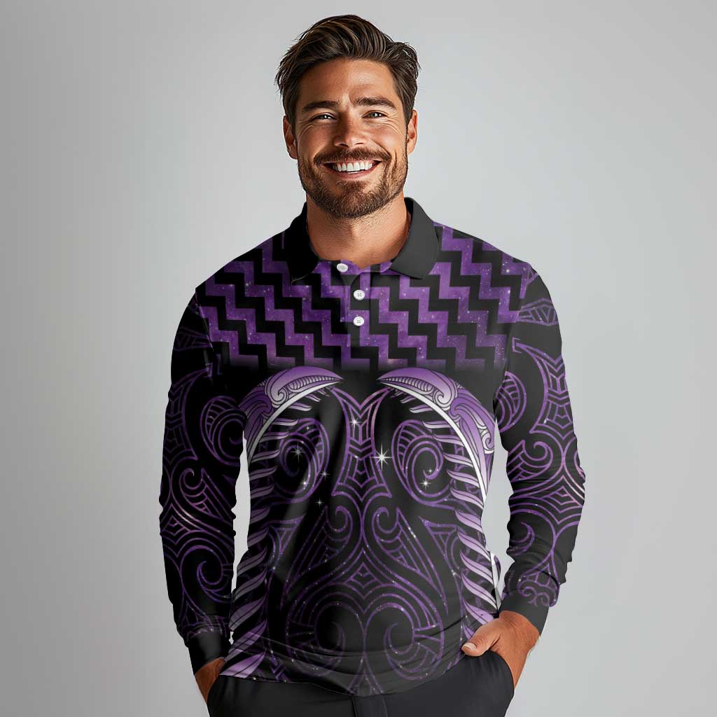 Purple Matariki New Zealand Long Sleeve Polo Shirt Maori Poutama Galaxy Vibes