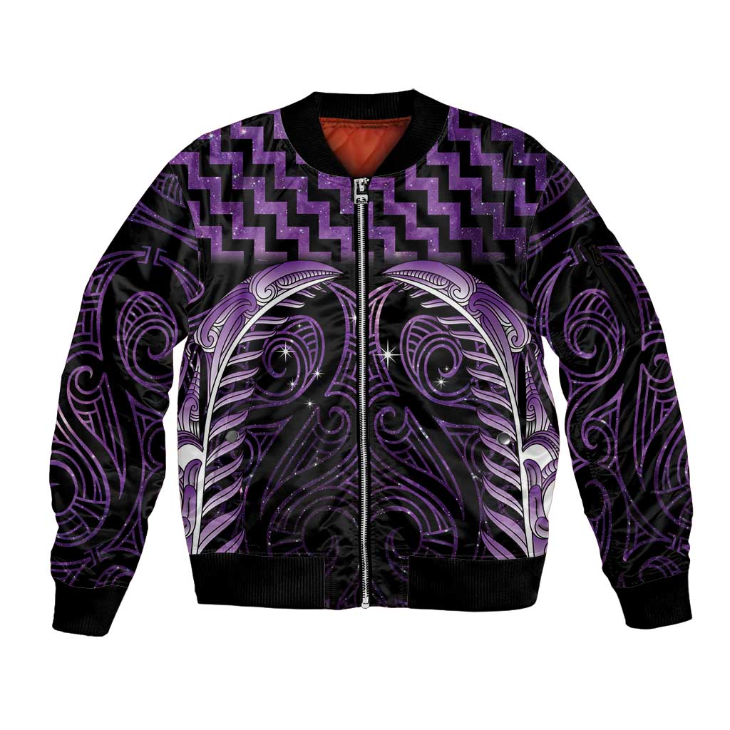 Purple Matariki New Zealand Sleeve Zip Bomber Jacket Maori Poutama Galaxy Vibes