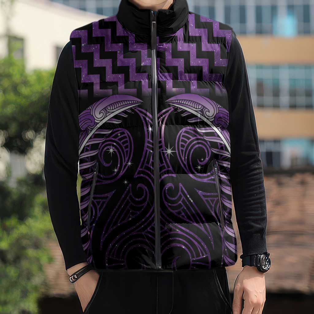Purple Matariki New Zealand Sleeveless Puffer Jacket Maori Poutama Galaxy Vibes - Polynesian Pride
