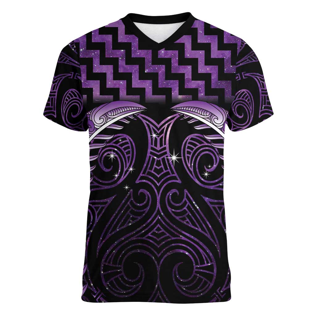 Purple Matariki New Zealand Women V-Neck T-Shirt Maori Poutama Galaxy Vibes