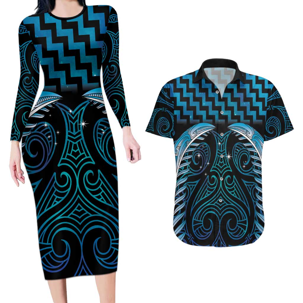 Blue Matariki New Zealand Couples Matching Long Sleeve Bodycon Dress and Hawaiian Shirt Maori Poutama Galaxy Vibes