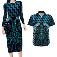 Blue Matariki New Zealand Couples Matching Long Sleeve Bodycon Dress and Hawaiian Shirt Maori Poutama Galaxy Vibes