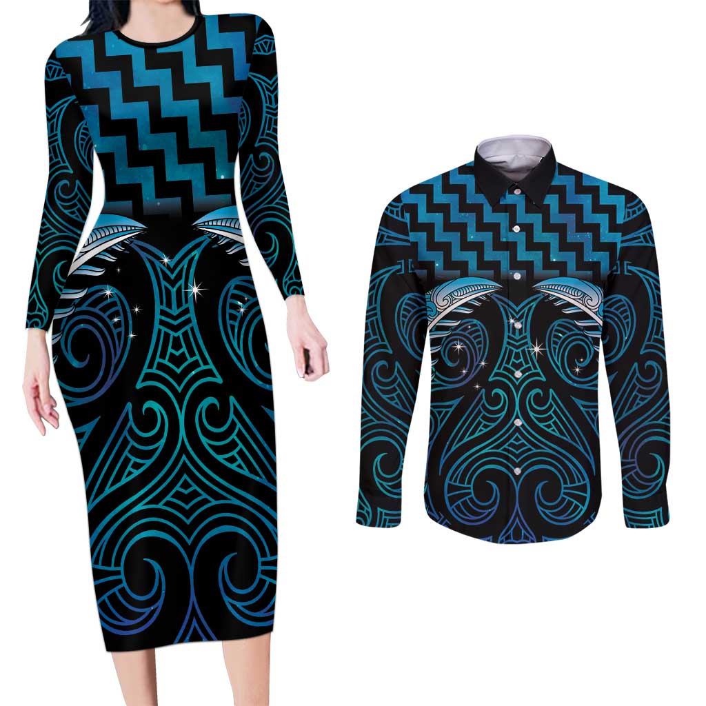 Blue Matariki New Zealand Couples Matching Long Sleeve Bodycon Dress and Long Sleeve Button Shirt Maori Poutama Galaxy Vibes