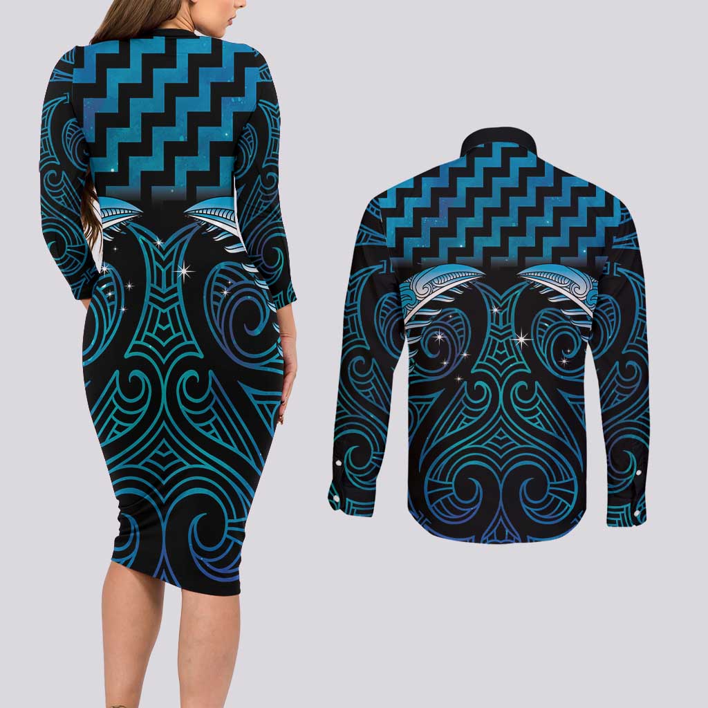 Blue Matariki New Zealand Couples Matching Long Sleeve Bodycon Dress and Long Sleeve Button Shirt Maori Poutama Galaxy Vibes