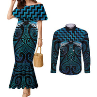 Blue Matariki New Zealand Couples Matching Mermaid Dress and Long Sleeve Button Shirt Maori Poutama Galaxy Vibes