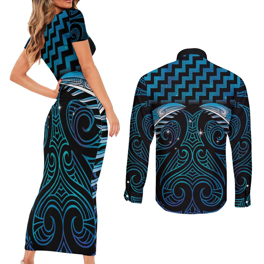 Blue Matariki New Zealand Couples Matching Short Sleeve Bodycon Dress and Long Sleeve Button Shirt Maori Poutama Galaxy Vibes
