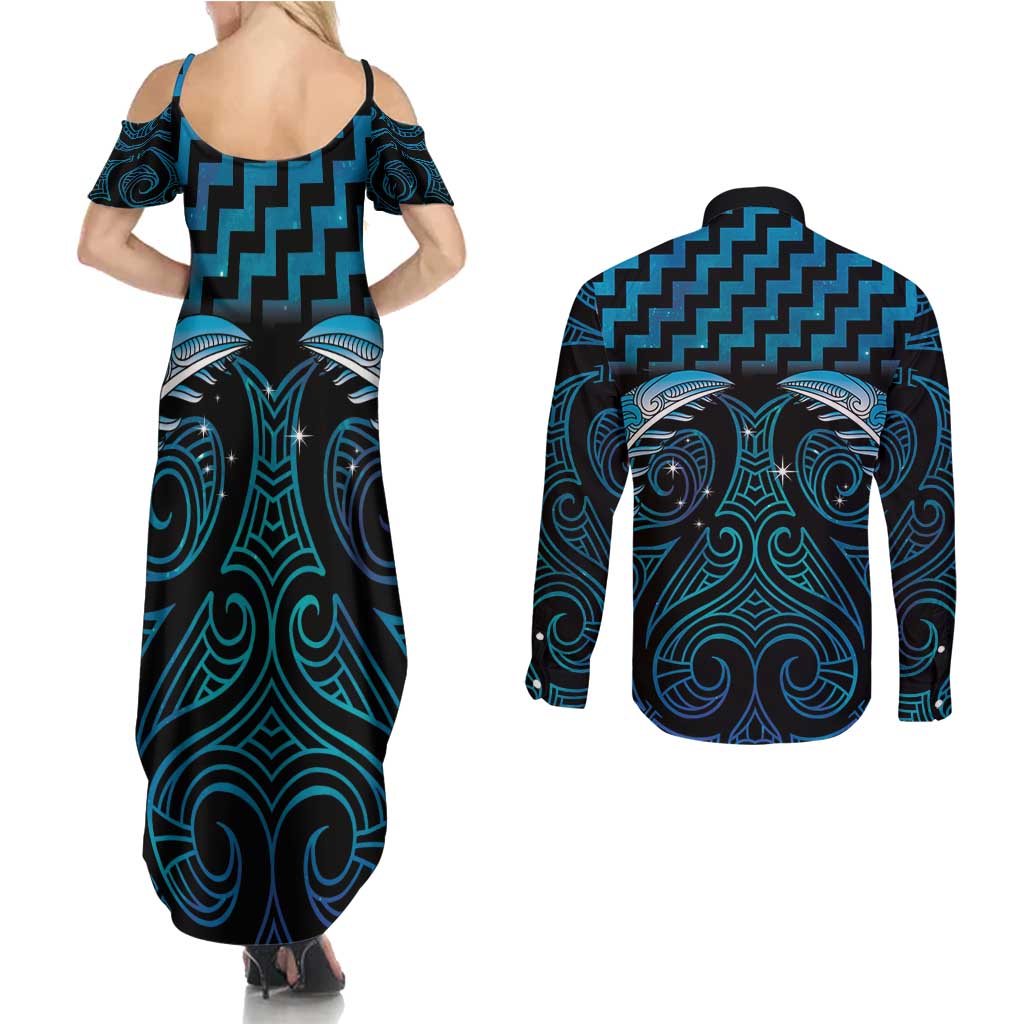 Blue Matariki New Zealand Couples Matching Summer Maxi Dress and Long Sleeve Button Shirt Maori Poutama Galaxy Vibes