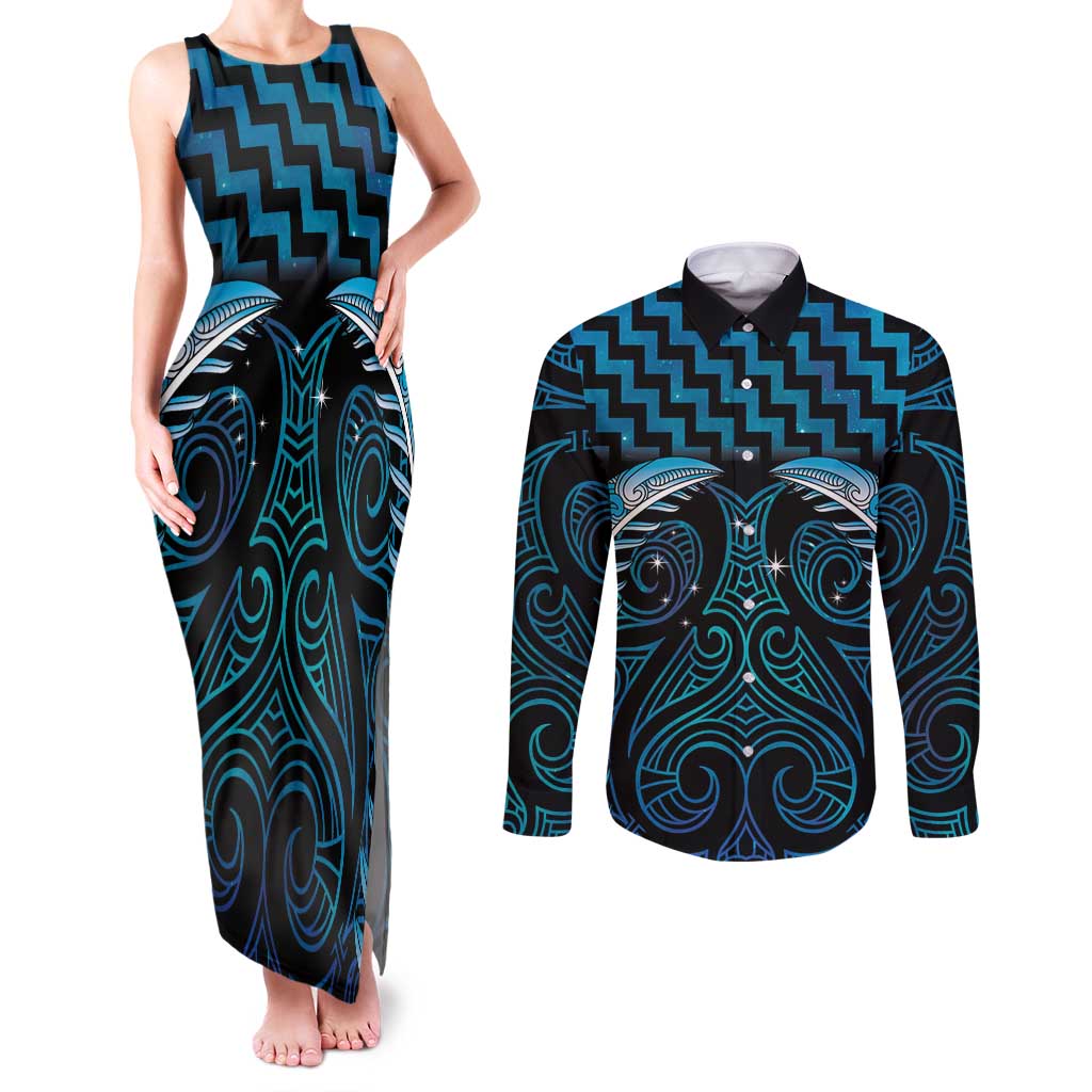 Blue Matariki New Zealand Couples Matching Tank Maxi Dress and Long Sleeve Button Shirt Maori Poutama Galaxy Vibes